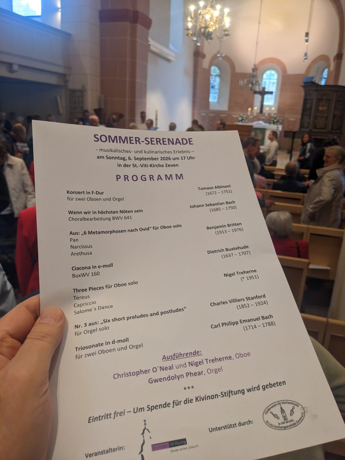 Kirche Zeven -Konzert mit zwei Oboen und der Kirchenorgel. Danach netter kleiner Umtrunk. Eine Veranstaltung der Kivinan Stiftung Zeven. 