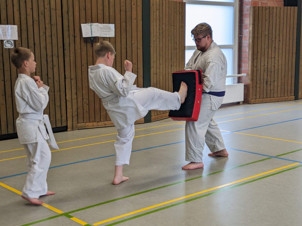 Beliebte Trainingseinheit beim Kinder Karate - die Tritte auf die Pratze