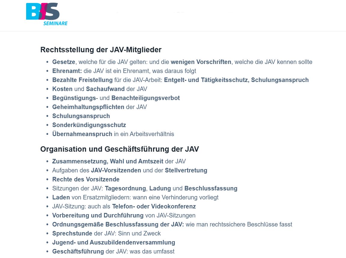 Schulungsthemen bei Schulungen für die JAV - Seminar-Inhalte