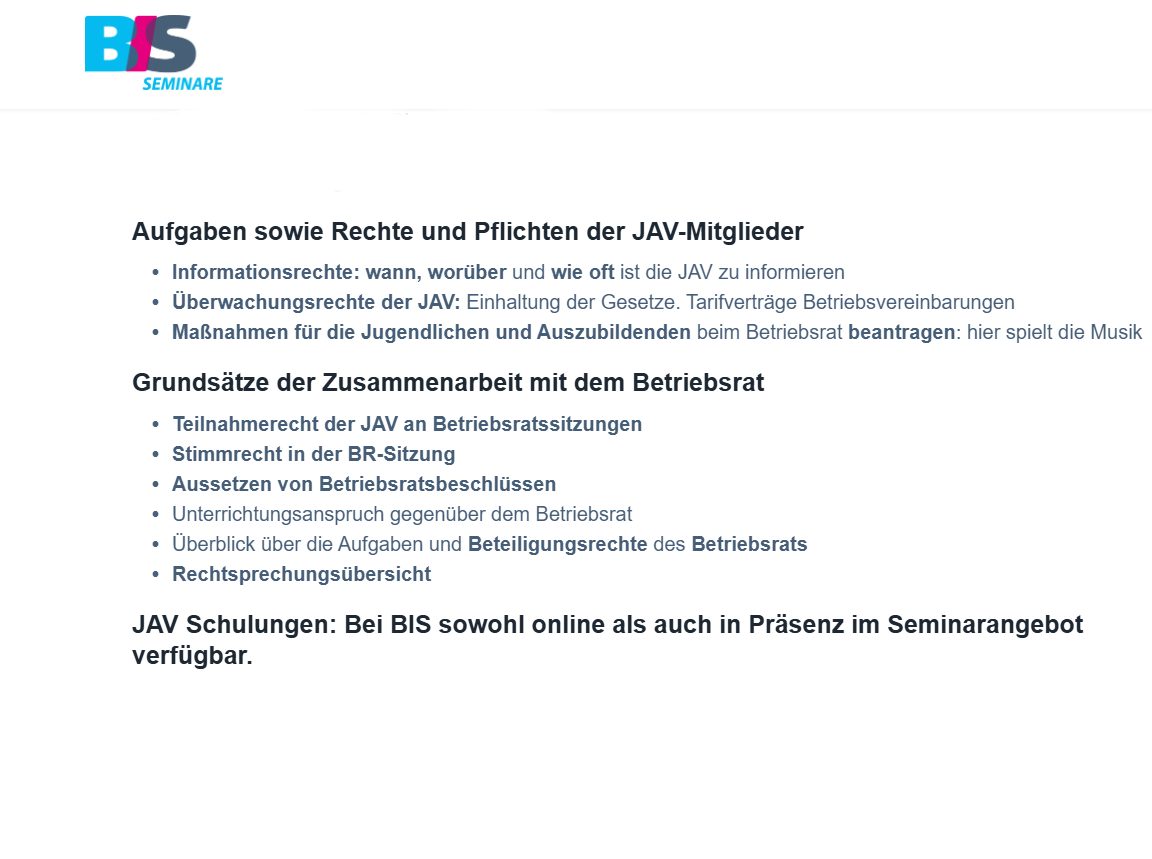 Schulungen und Seminare für die JAV 